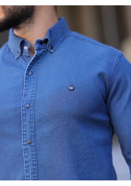Slim Fit Haki Oxford Düğmeli Yaka Kolay Ütülenebilir Nakış Detaylı Pamuklu Erkek Gömlek