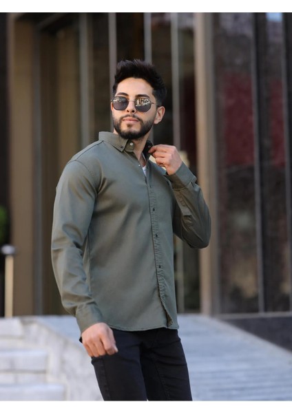 Slim Fit Haki Oxford Düğmeli Yaka Kolay Ütülenebilir Nakış Detaylı Pamuklu Erkek Gömlek fiyatları