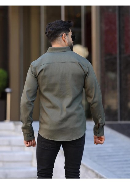 Slim Fit Haki Oxford Düğmeli Yaka Kolay Ütülenebilir Nakış Detaylı Pamuklu Erkek Gömlek modelleri