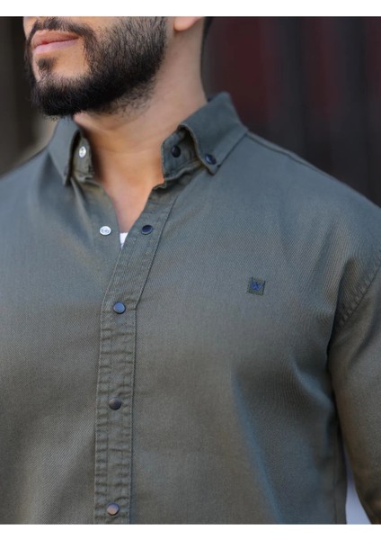 Slim Fit Haki Oxford Düğmeli Yaka Kolay Ütülenebilir Nakış Detaylı Pamuklu Erkek Gömlek indirimleri