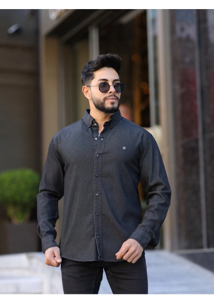 Slim Fit Haki Oxford Düğmeli Yaka Kolay Ütülenebilir Nakış Detaylı Pamuklu Erkek Gömlek