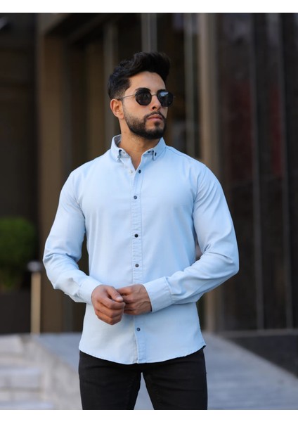 Slim Fit Haki Oxford Düğmeli Yaka Kolay Ütülenebilir Nakış Detaylı Pamuklu Erkek Gömlek