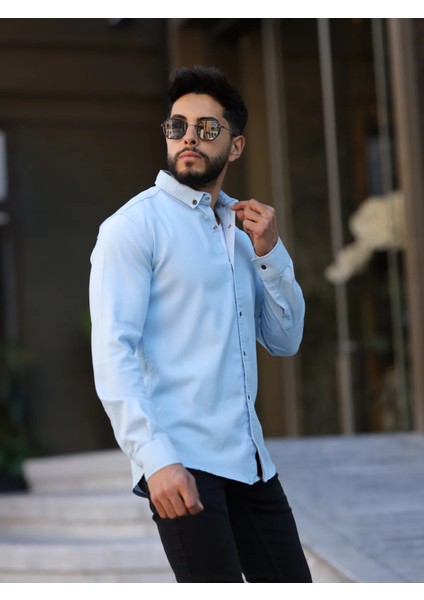 Slim Fit Haki Oxford Düğmeli Yaka Kolay Ütülenebilir Nakış Detaylı Pamuklu Erkek Gömlek modelleri