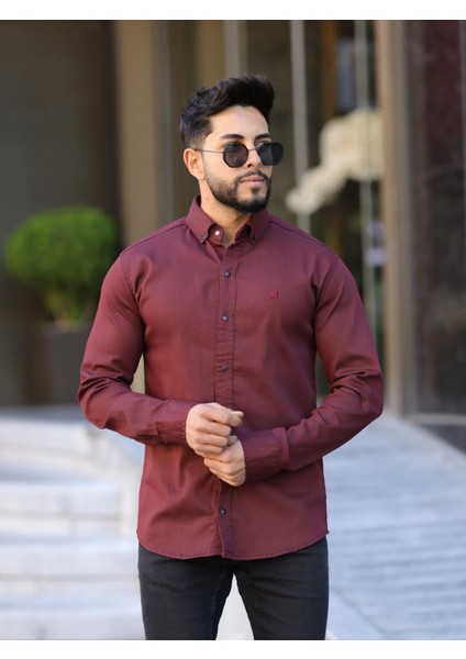 Slim Fit Haki Oxford Düğmeli Yaka Kolay Ütülenebilir Nakış Detaylı Pamuklu Erkek Gömlek