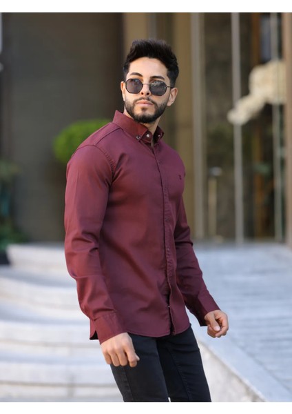 Slim Fit Haki Oxford Düğmeli Yaka Kolay Ütülenebilir Nakış Detaylı Pamuklu Erkek Gömlek fiyatları
