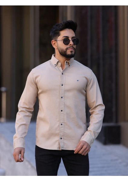 Slim Fit Haki Oxford Düğmeli Yaka Kolay Ütülenebilir Nakış Detaylı Pamuklu Erkek Gömlek