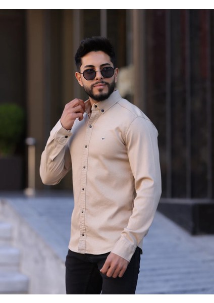 Slim Fit Haki Oxford Düğmeli Yaka Kolay Ütülenebilir Nakış Detaylı Pamuklu Erkek Gömlek fırsatları