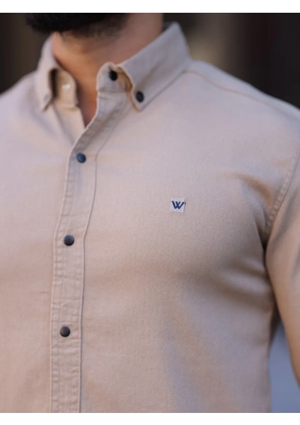 Slim Fit Haki Oxford Düğmeli Yaka Kolay Ütülenebilir Nakış Detaylı Pamuklu Erkek Gömlek indirimleri