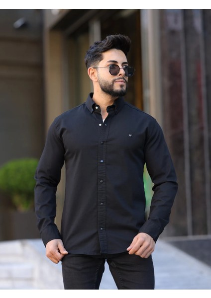 Slim Fit Haki Oxford Düğmeli Yaka Kolay Ütülenebilir Nakış Detaylı Pamuklu Erkek Gömlek