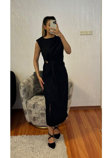 Bel Detaylı Drapeli Midi Boy Kalem Elbise Siyah