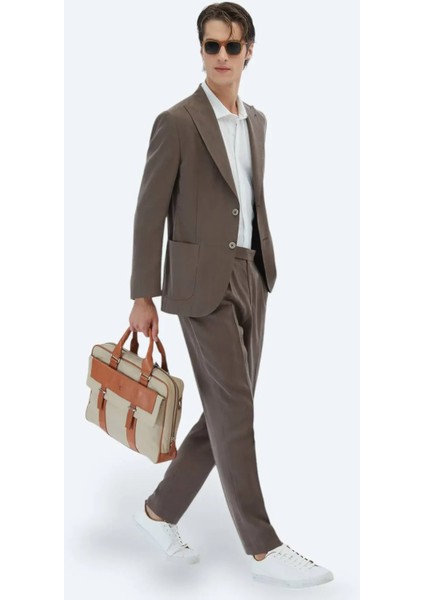 Kahverengi Düz Modern Fit Takım Elbise