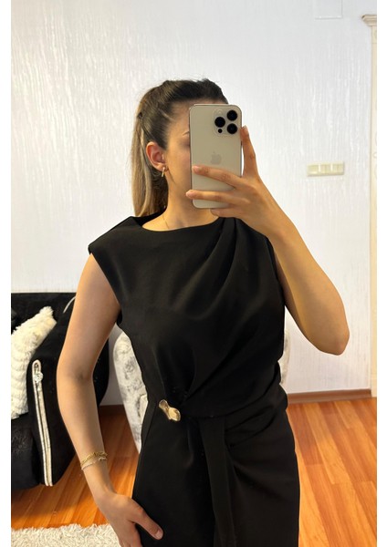 Bel Detaylı Drapeli Midi Boy Kalem Elbise Siyah