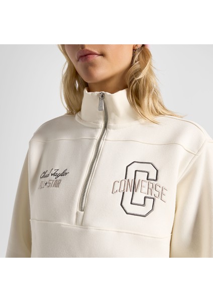 Classic Kadın Yarım Fermuarlı Krem Sweatshirt