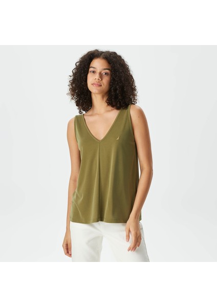 Kadın Yeşil Relaxed Fit V Yaka T-Shirt