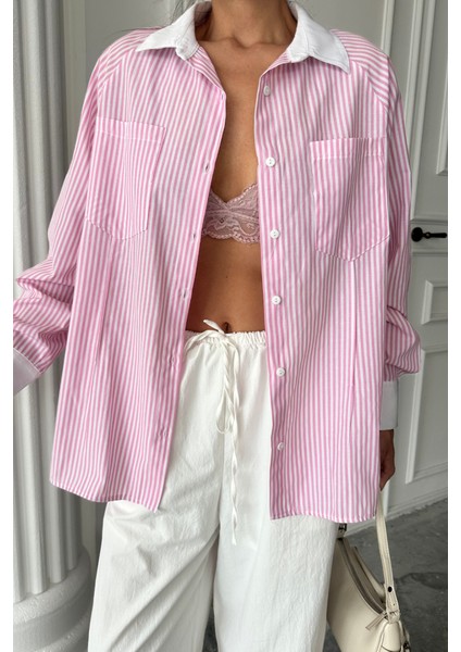 Yaka ve Manşet Beyaz Boyfriend Çizgili Poplin Gömlek - Pembe fiyatları