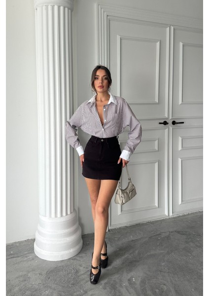 Yaka ve Manşet Beyaz Boyfriend Çizgili Poplin Gömlek - Kahverengi fırsatları