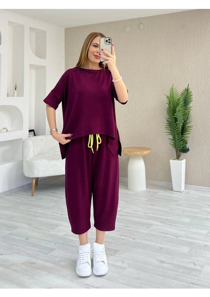 Kadın Kısa Kollu Bisiklet Yaka Viskon Iki Iplik Bluz ve Pantolon Ikili Takım