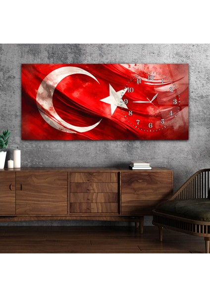 Yatay Saatli Yandan Vatan Temalı Cam Tablo YSYV028