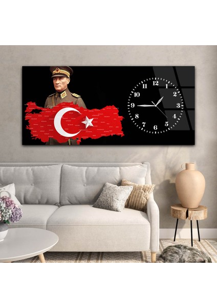 Yatay Saatli Yandan Vatan Temalı Cam Tablo YSYV031