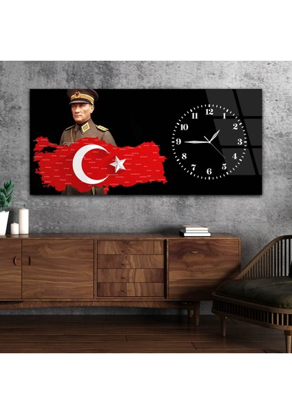 Yatay Saatli Yandan Vatan Temalı Cam Tablo YSYV031 fiyatları