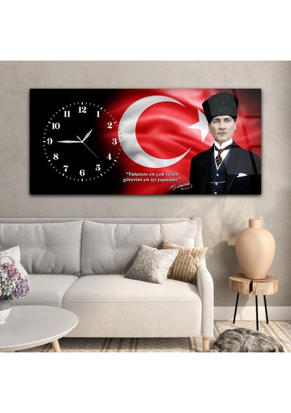 Yatay Saatli Yandan Vatan Temalı Cam Tablo YSYV030