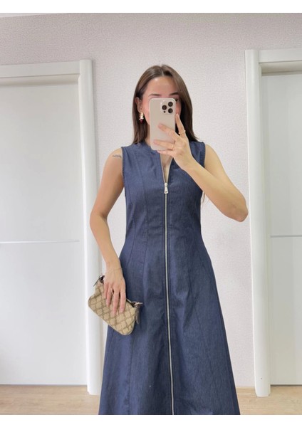 Jeans Kot Önü Tam Fermuarlı Uzun Elbise - Mavi