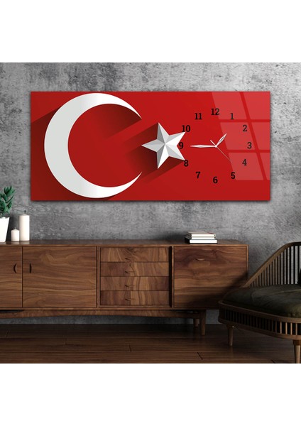 Türk Bayrağı Saatli Cam Tablo YSYV006
