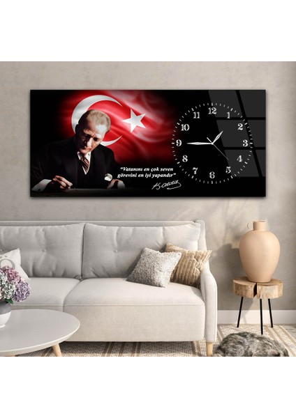 Yatay Saatli Yandan Vatan Temalı Cam Tablo YSYV036