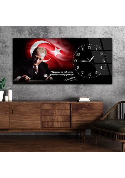 Yatay Saatli Yandan Vatan Temalı Cam Tablo YSYV036 fiyatları