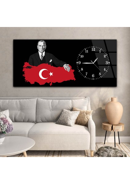 Yatay Saatli Yandan Vatan Temalı Cam Tablo YSYV013