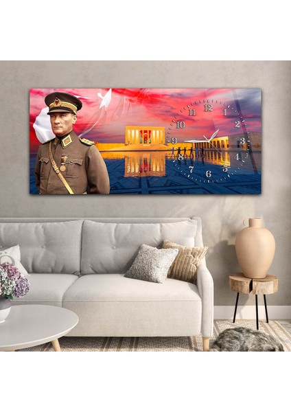 Yatay Saatli Yandan Vatan Temalı Cam Tablo YSYV025