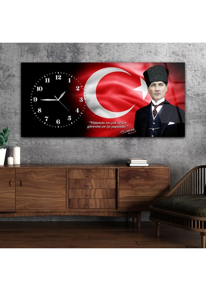 Yatay Saatli Yandan Vatan Temalı Cam Tablo YSYV030 fiyatları