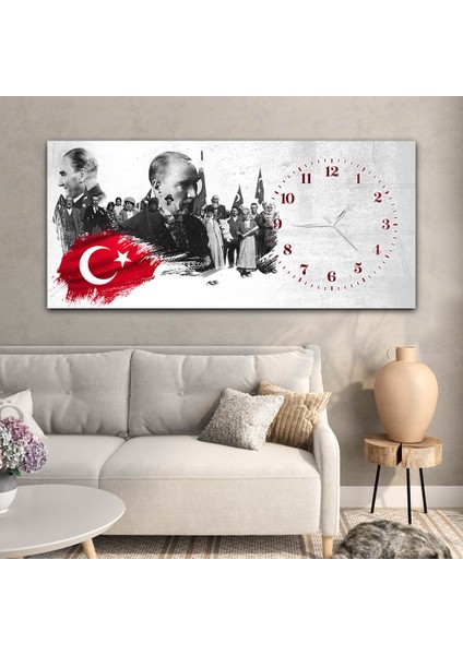 Yatay Saatli Yandan Vatan Temalı Cam Tablo YSYV026