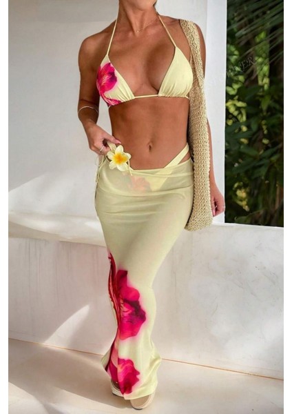 Sarı Desenli 3'lü Plaj Kombini Bikini Takımı ve Pareo