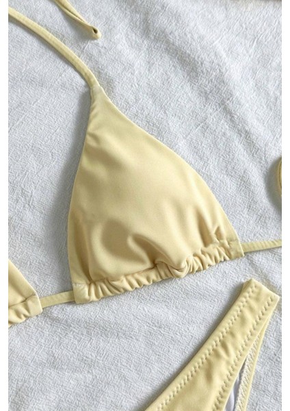 Sarı Desenli 3'lü Plaj Kombini Bikini Takımı ve Pareo