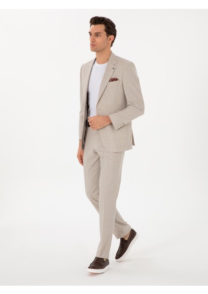 Erkek Bej Slim Fit Yün Takım Elbise 50300462-VR011