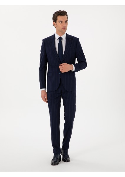 Erkek Koyu Lacivert Slim Fit Çizgili Kırlangıç Yaka Yün Takım Elbise 50300516-VR100