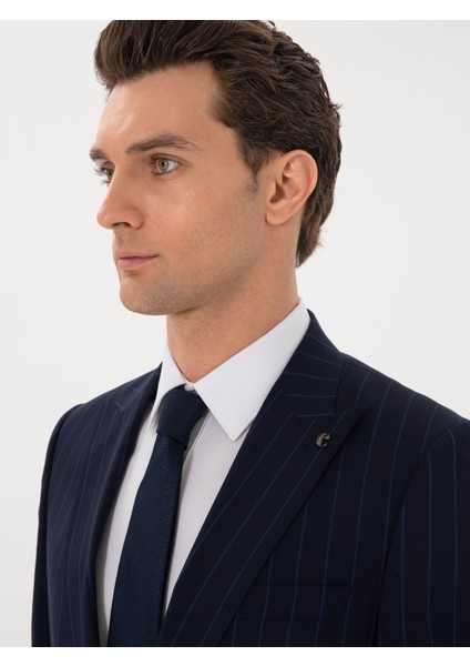 Erkek Koyu Lacivert Slim Fit Çizgili Kırlangıç Yaka Yün Takım Elbise 50300516-VR100 fiyatları