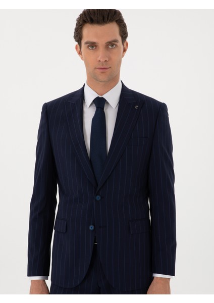 Erkek Koyu Lacivert Slim Fit Çizgili Kırlangıç Yaka Yün Takım Elbise 50300516-VR100 modelleri