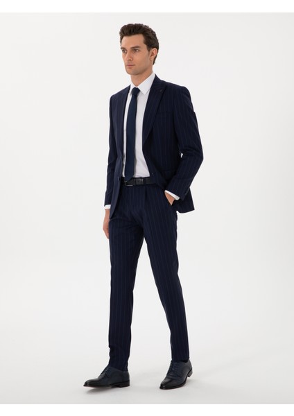 Erkek Koyu Lacivert Slim Fit Çizgili Kırlangıç Yaka Yün Takım Elbise 50300516-VR100 fırsatları