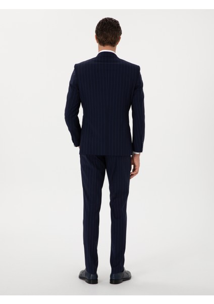 Erkek Koyu Lacivert Slim Fit Çizgili Kırlangıç Yaka Yün Takım Elbise 50300516-VR100 indirimleri
