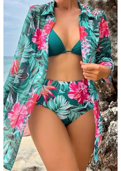 3 Parça Yüksek Bel Gömlek ve Bikini Takımı