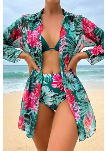 3 Parça Yüksek Bel Gömlek ve Bikini Takımı