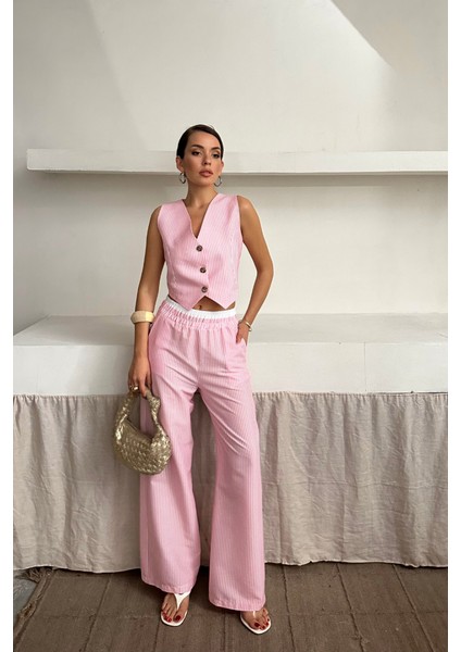 Gofre Çizgili Yelek - Pantolon Takım - Pembe