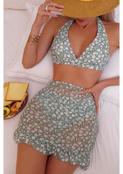 3 Parça Yeşil Papatya Desenli Pareolu Bikini Takım