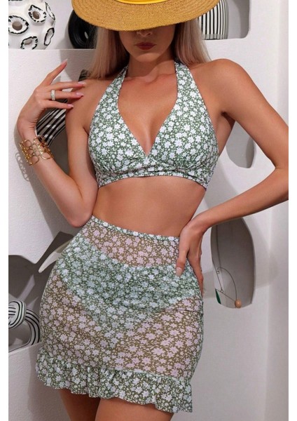 3 Parça Yeşil Papatya Desenli Pareolu Bikini Takım