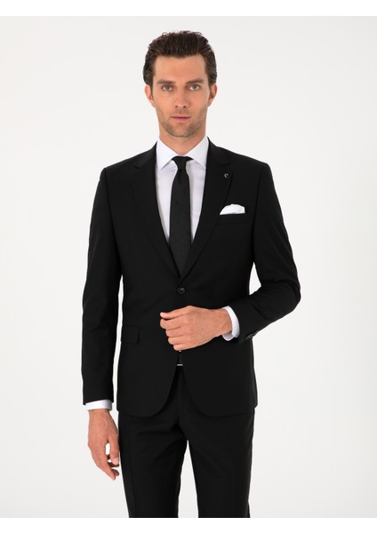 Erkek Siyah Slim Fit %100 Yün Klasik Takım Elbise 50304078-VR046