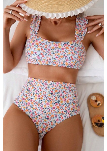 Minimalist Çiçek Desenli Kaplı Yüksek Bel Bikini Takımı