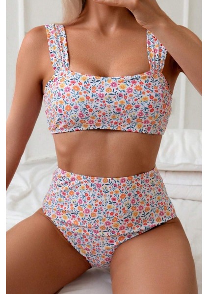 Minimalist Çiçek Desenli Kaplı Yüksek Bel Bikini Takımı