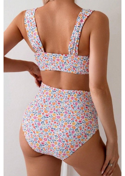 Minimalist Çiçek Desenli Kaplı Yüksek Bel Bikini Takımı
